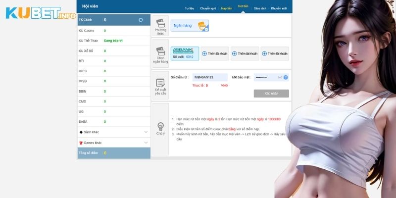 Chọn kênh rút tiền Kubet, khai báo thông tin ->  Xác minh & hoàn tất giao dịch