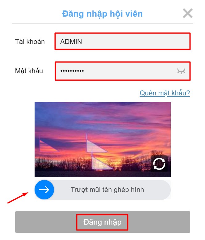 Thực hiện điền thông tin đăng nhập Kubet, trượt mũi tên ghép hình và nhấn nút Đăng nhập